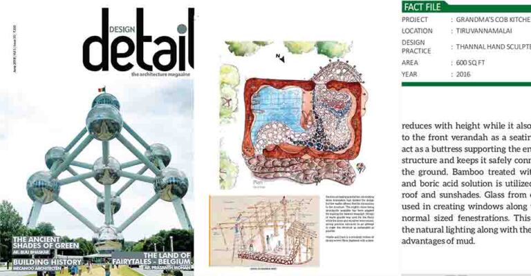 Design Detail magazine: hand-drawn plan and section of Grandma's Cob Kitchen, 600 sq ft, Tiruvannamalai