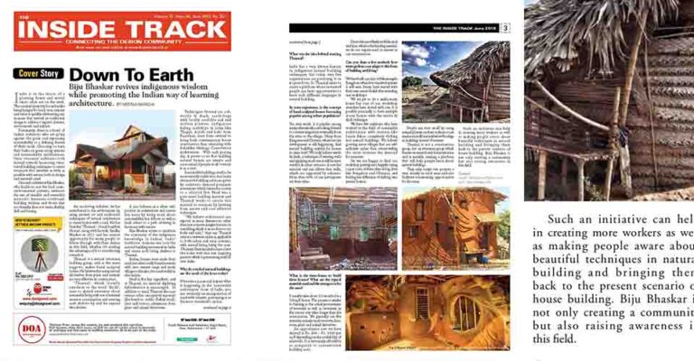 The Inside Track's June 2018 cover story 'Down To Earth' — the magazine spread on Biju Bhaskar and Thannal's natural mud buildings.