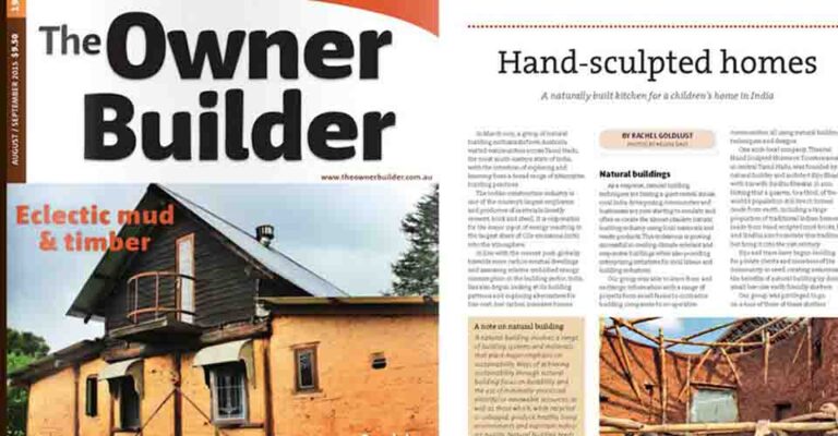 The Owner Builder issue 190, 2015 — the mud-and-timber cover and Rachel Goldlust's 'Hand-sculpted homes' feature on Thannal.