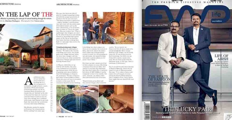 The 'In the Lap of the Earth' feature in FWD Life magazine (Nov–Dec 2017) — the cover beside photos of Thannal's mud buildings, hand-plastering and natural-gum plaster.