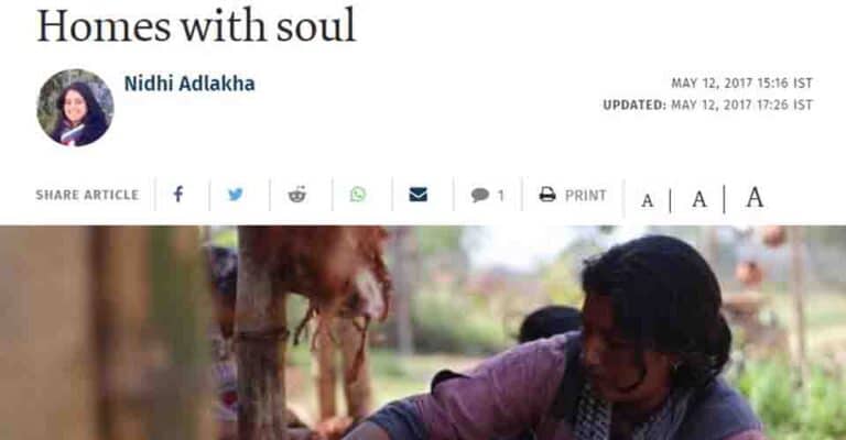 The Hindu's 2017 interview 'Homes with soul' by Nidhi Adlakha — the headline above a photo of hands-on natural building at Thannal.