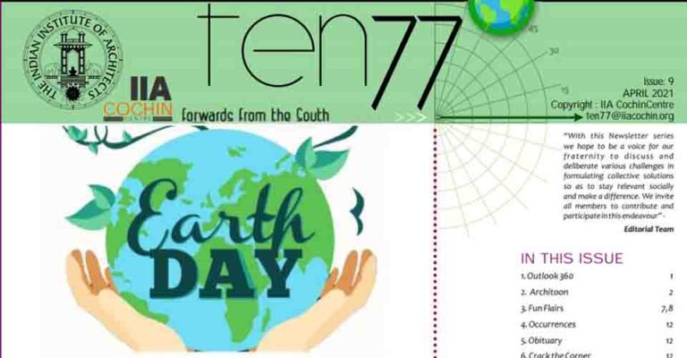 ten77 newsletter cover — hands holding a green 'Earth Day' globe — Indian Institute of Architects, Cochin, featuring Thannal.