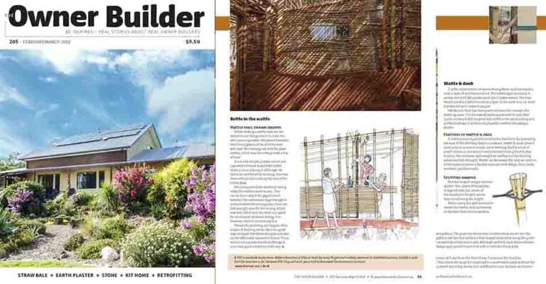 The Owner Builder, issue 205, 2018 — the cover and Thannal's Weaving Walls wattle-and-daub feature with step diagrams.