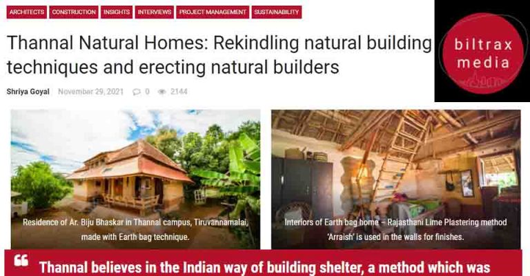 Biltrax Media feature on Thannal — the Biltrax logo, the headline, and Ar. Biju Bhaskar's earthbag home with Araish lime plaster.