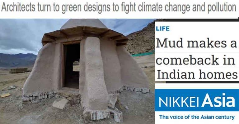 Nikkei Asia feature 'Mud makes a comeback in Indian homes' — a round mud dome house below bare mountains.