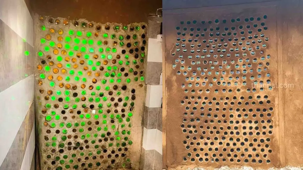 Bathroom wall constructed using recycled glass bottles
