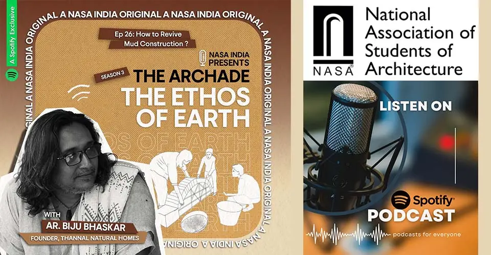 The Archade podcast cover (NASA India): portrait of Ar. Biju Bhaskar with the NASA logo and 'Listen on Spotify'